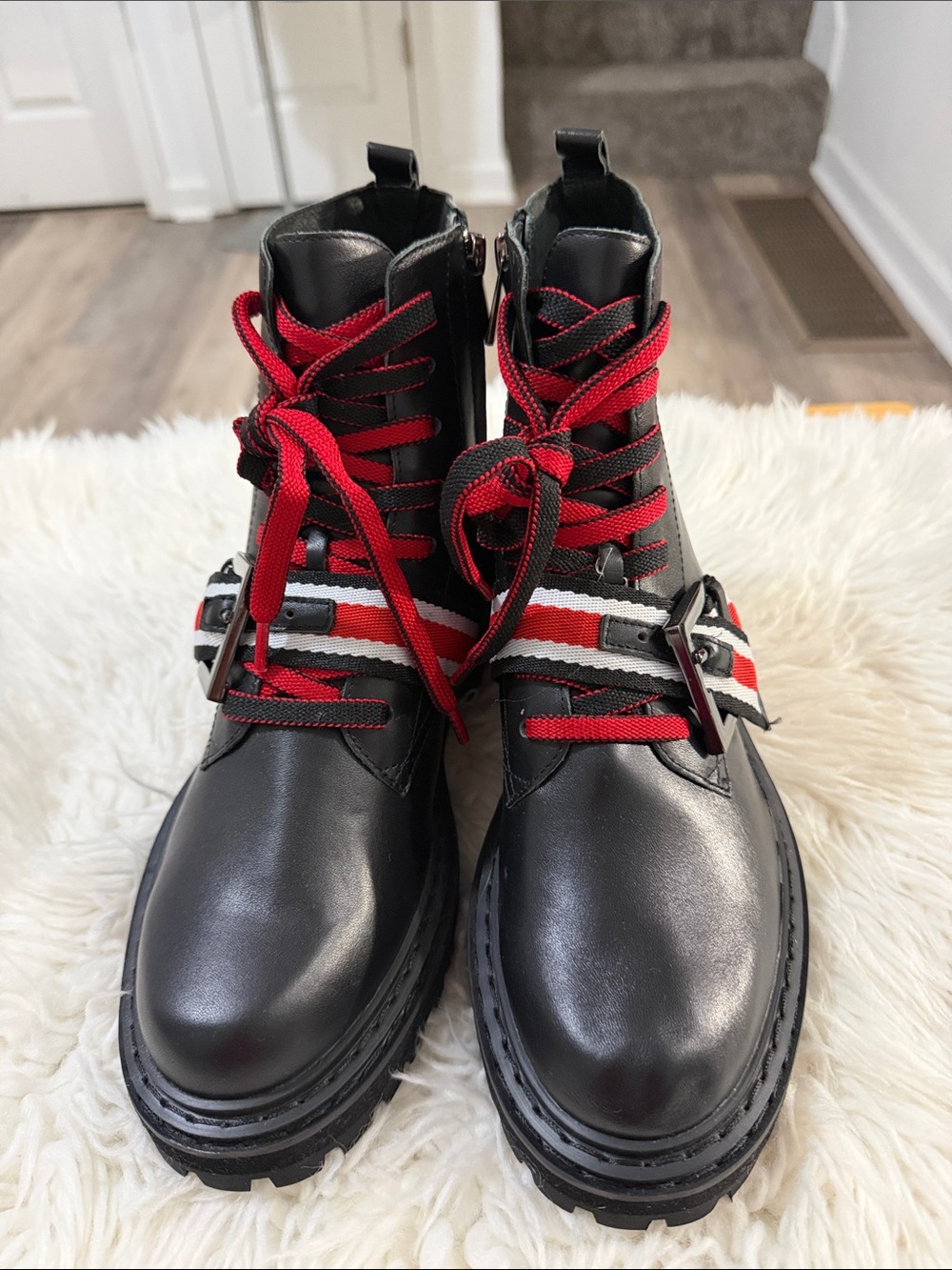 CECILIA NEW YORK Black Combat Boots with Red Accent Laces Size 8